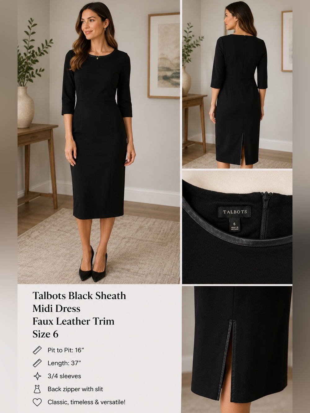 Talbots Black Sheath Midi Dress Faux Leather Trim Size 6 - Picture 1 of 6